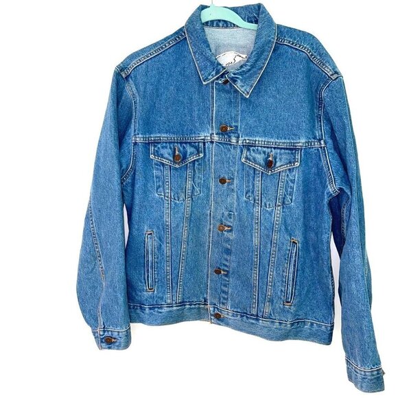 Amerifest Big Gig Denim Trucker Jacket Mens Blue Hat Logo Cotton Button Front - Picture 10 of 12